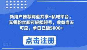 新用户推荐网盘共享+私域平台，无需粉丝即可轻松起号，收益当天可见，单日已破5000+【揭秘】-创库88项目资源网