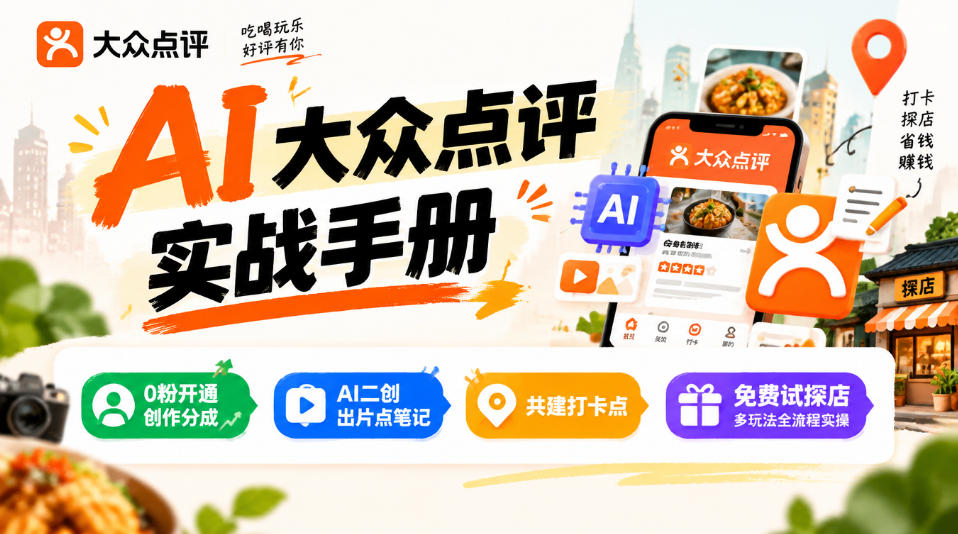 某局的AI大众点评实战手册，0粉开通创作分成、AI二创出片点笔记、共建打卡点、免费试探店多玩法全流程实操-创库88项目资源网