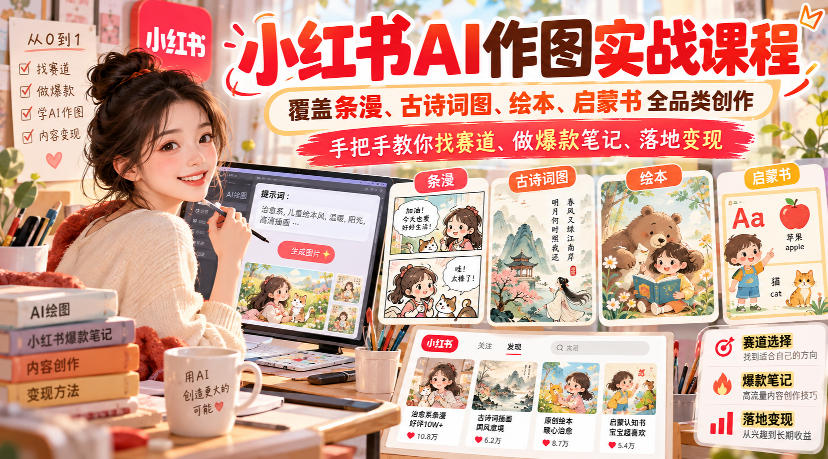小红书AI作图实战课程，覆盖条漫、古诗词图、绘本、启蒙书全品类创作，手把手教你找赛道、做爆款笔记、落地变现（更新1009）-创库88项目资源网