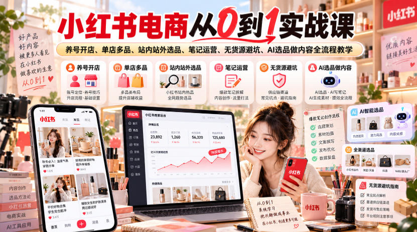小红书电商从0到1实战课｜养号开店、单店多品、站内站外选品、笔记运营、无货源避坑、AI选品做内容全流程教学-创库88项目资源网