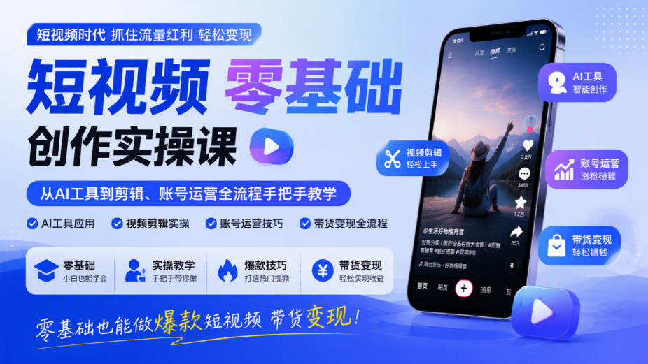 短视频零基础创作实操课，从AI工具到剪辑、账号运营全流程手把手教学，零基础也能做爆款短视频带货变现-创库88项目资源网