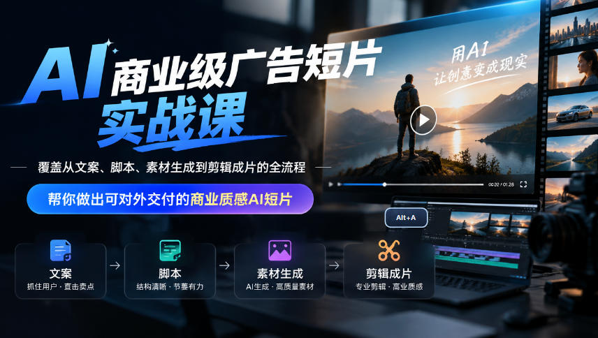 AI商业级广告短片实战课，覆盖从文案、脚本、素材生成到剪辑成片的全流程，帮你做出可对外交付的商业质感AI短片-创库88项目资源网