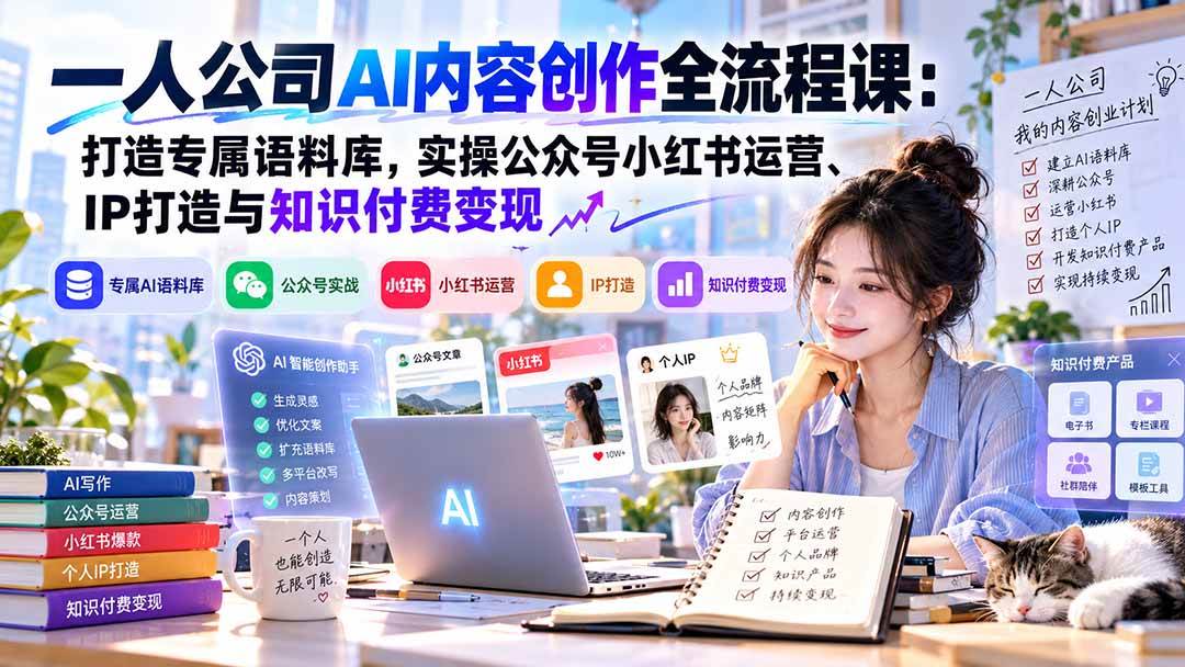 （20866期）一人公司AI内容创作全流程课：打造专属语料库，实操公众号小红书运营、IP打造与知识付费变现方法论-创库88项目资源网