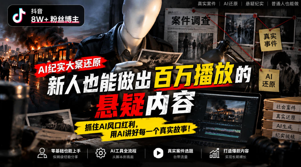 抖音8W粉丝博主的AI纪实大案还原教学，新人也能做出百W播放的悬疑内容，抓住AI风口红利，用AI讲好每一个真实故事-创库88项目资源网