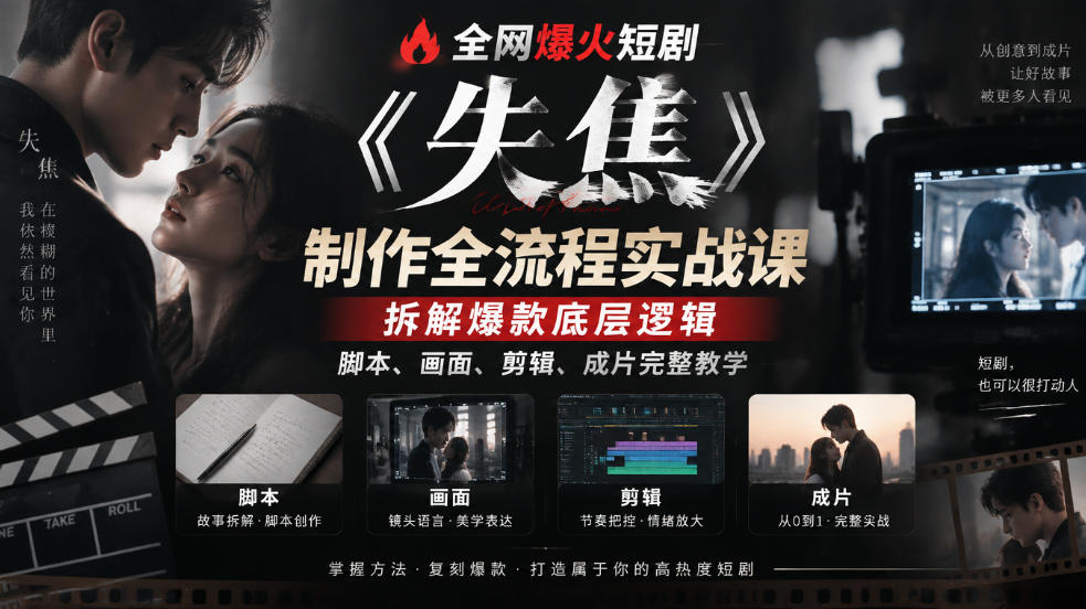 全网爆火短剧《失焦》制作全流程实战课｜拆解爆款底层逻辑，脚本、画面、剪辑、成片完整教学-创库88项目资源网