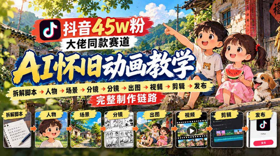 抖音45W粉大佬同款赛道AI怀旧动画实战课：拆解脚本→人物→场景→分镜→出图→视频→剪辑→发布完整制作链路-创库88项目资源网