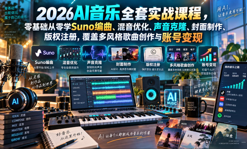 2026AI音乐实战课程，零基础从零学Suno编曲、混音优化、声音克隆、版权注册，覆盖多风格歌曲创作与账号变现（更新0924）-创库88项目资源网